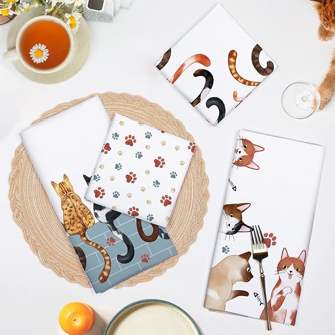 Cats Tea Towels, Cotton Kitchen Towel 18.9 × 27.5 inch, Quick Drying Dish Cloth for Cat Lovers Party Anniversary Holiday Decoration, Housewarming Gifts for Mom