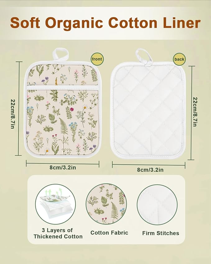 Swooflia 100% Cotton Pot Holders 2 Pack Set for Kitchen with Pockets - Cute 440°F Heat Resistant Oven Hot Pads Heavy Duty for Countertop Home Cooking Baking Microwave BBQ Retro Flower