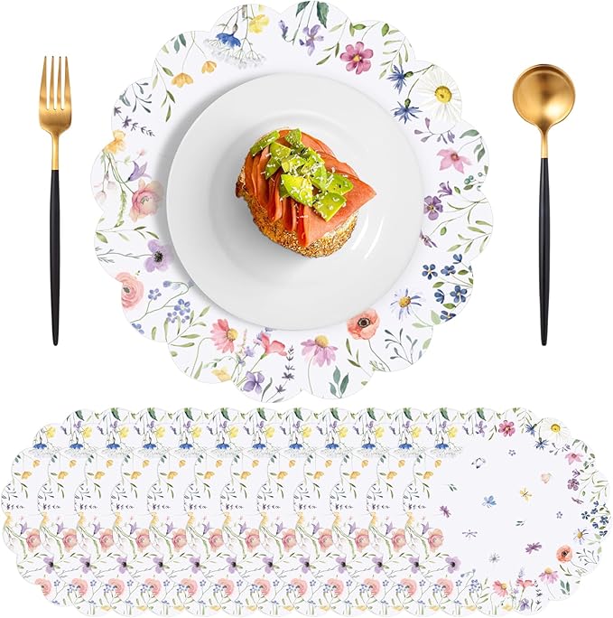 60Pcs Spring Flower Paper Placemats, 13.5 Inch Disposable Floral Placemat Round Wildflower Butterfly Place Mats Scalloped Table Mat for Mother's Day Wedding Banquet Baby Shower Bridal Shower Tea Party