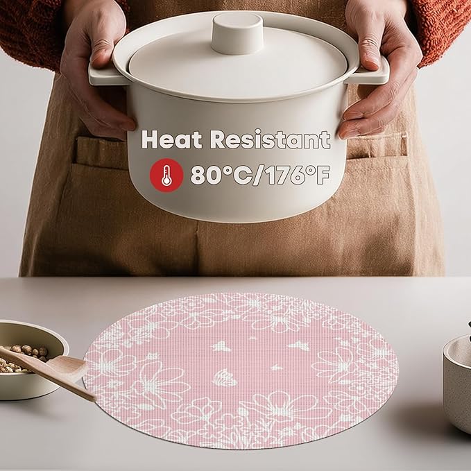 Artoid Mode Pink Leaves Vinyl Round Placemats Set of 4, 14 Inch Washable Non-Slip Heat Resistant Woven Plastic Spring Table Mats for Party Kitchen Dining Decor