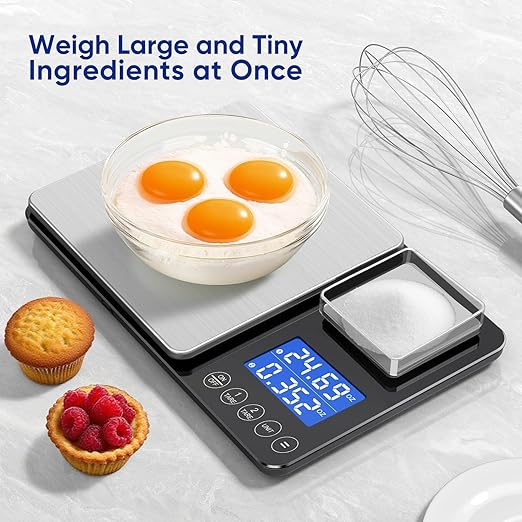 Dual Platform Food Kitchen Scale with 0.01g/0.001oz High Precision, 15kg/33lb Bakery Scale, Dual Accuracy Kitchen Scale for Sourdough Bread, Baking and Cooking with 7 Unit Tare and Totalizer