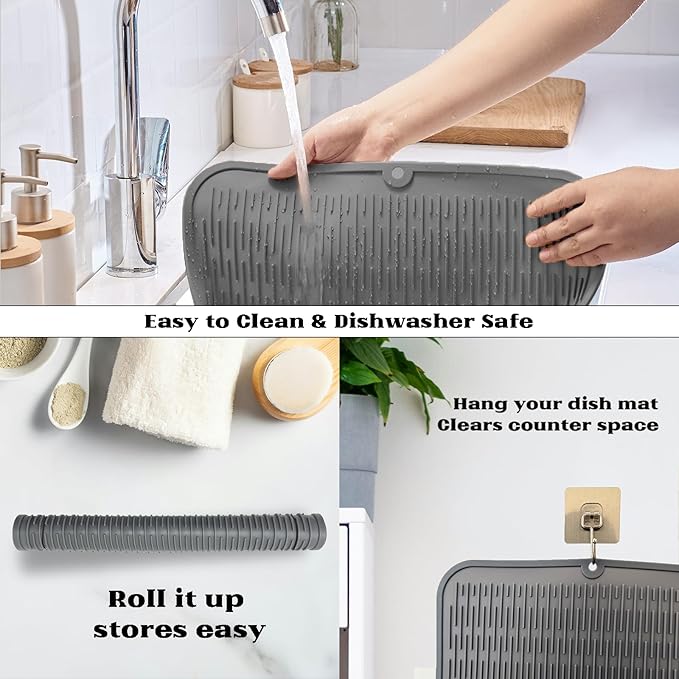 ZLR Large Silicone Dish Drying Mat (16" x 18") - XL Heavy Duty Drainboard Mat for Pots, Pans & Family Loads - Heat Resistant Trivet & Counter Protector, Easy Clean (Dark Gray)