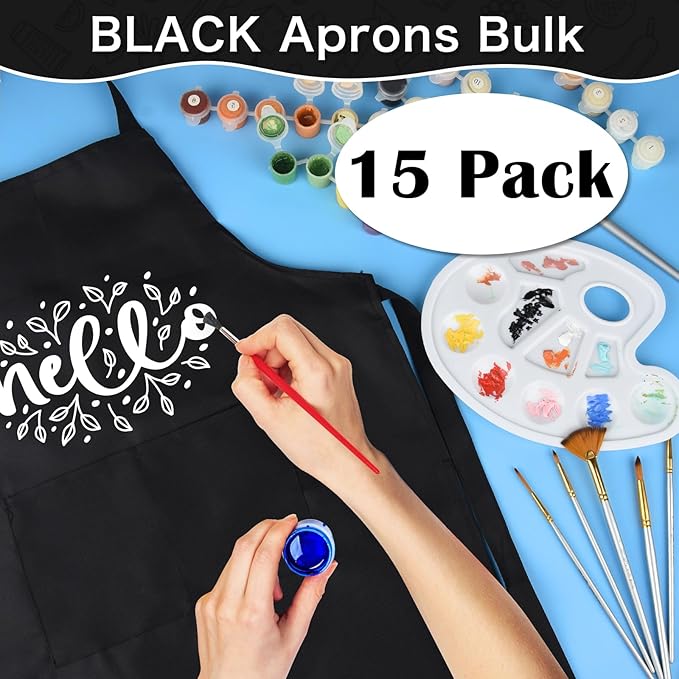 PLULON 18 Pcs Kids Aprons with 2 Pockets Painting Aprons for Kids Aprons Bulk, Paint Apron Adjustable Children Chef Aprons for Girls Boys Painting Baking Cooking Crafting - Black