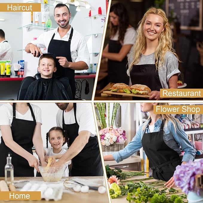 3 Pack Black Aprons for Women with Pockets, Adjustable Water Resistant Cooking Apron Unisex Bib for Chef Men and Women