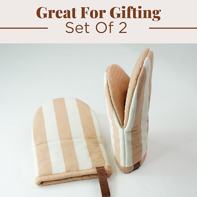 Folkulture Oven Mitts - Set of 2 (5.75"x9") | Oven Mitts with Hanging Loop for Cooking Gifts for Women, Kitchen Decor| 100% Cotton, Silicone Heat Resistant Mini Mitts - House Warming Gifts (Latte)