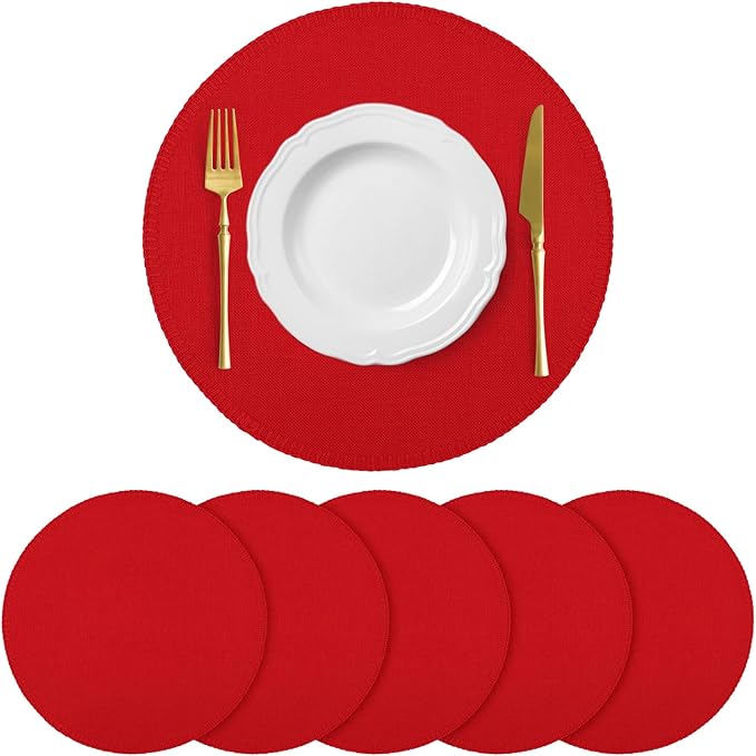 Round Placemats Set of 6, 15 Inch Linen Fabric Table Placemats, Heat Resistant, Wrinkle Free Washable Placemats Kitchen Place Mats Set of 6 for Dining Table Party Table (Red, 6)