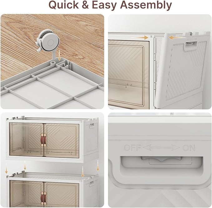 UAMFURI Stackable Storage Bins with Lids, 720QT Closet Organizers, Lockable Storage Cabinet，Foldable Storage Box with Doors and Wheels, Plastic Drawers for Home, Garage, Office (4, White, Extra Large)