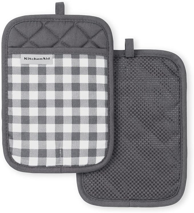KitchenAid Gingham Pot Holder 2-Pack Set, Charcoal Grey, 7"x10"