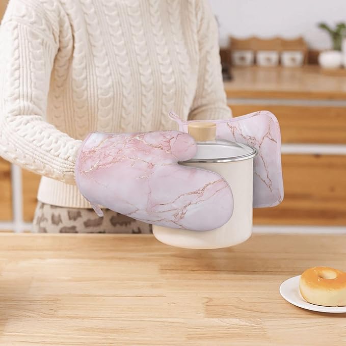 Oven Mitts and Pot Holders Light Pink Marble Art Silicone Kitchen Accessories Set of 2 Heat Resistant Long Gloves Potholder Non-Slip Grip for Chef Cooking,Baking,Grilling,BBQ