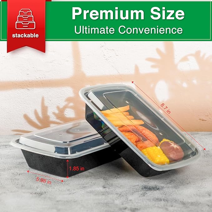 Meal Prep Containers Reusable 50 Pack-32 oz Food Storage Containers with Lids To Go Food Containers Takeout, Microwave Dishwasher Freezer Safe, Stackable, BPA Free, Plastic (Black)