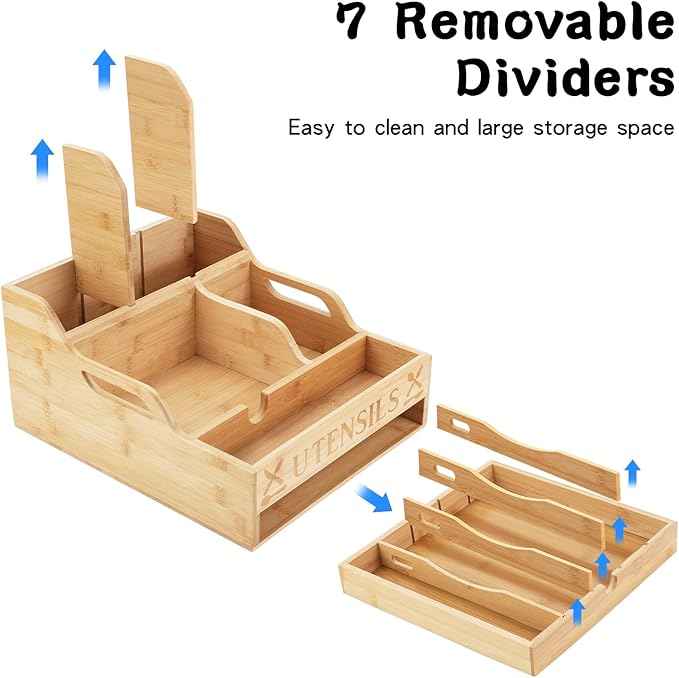 Large Kitchen Utensil Holder with Drawer Organizer, 11 Compartment Bamboo Silverware Organizer for Countertop, Cutlery Tray with Dividers for Flatware Spoon Forks Knives Cooking Tool