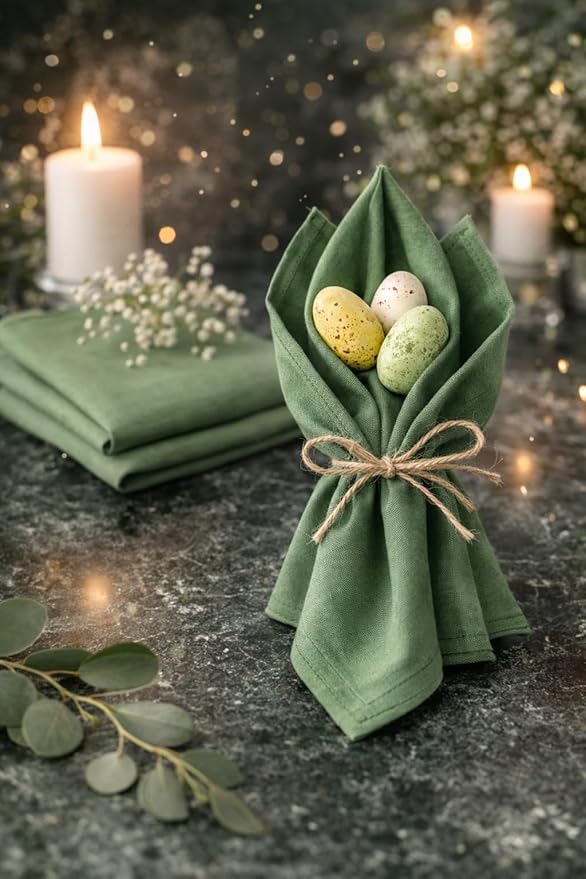 Marubhumi Cotton Cloth Dinner Napkins Set of 12, 18x18 Natural Premium Quality Mitered Corners Cotton Blend Wedding and Cocktail Napkins, Machine Washable (Green)