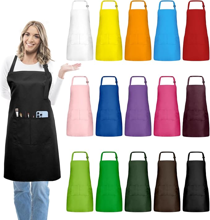 15 Pcs Adult Aprons Bulk with Pockets Adjustable Bib Chef Apron for Women Men Painting Cooking Crafting (S/L)