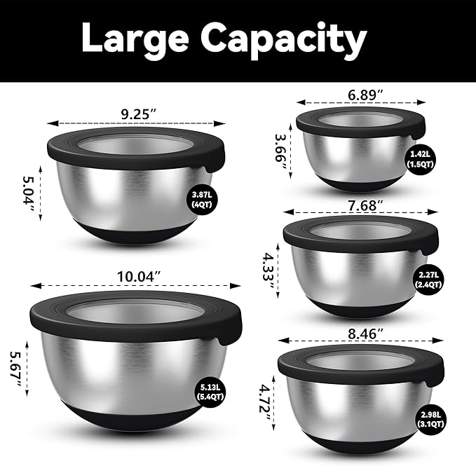 KITEISCAT Stainless Steel Mixing Bowls with Lids – Set of 5 Large Nesting Metal Bowls for Kitchen, Baking, Cooking, Food Prep & Storage, Non-Slip Base, Dishwasher Safe,Black