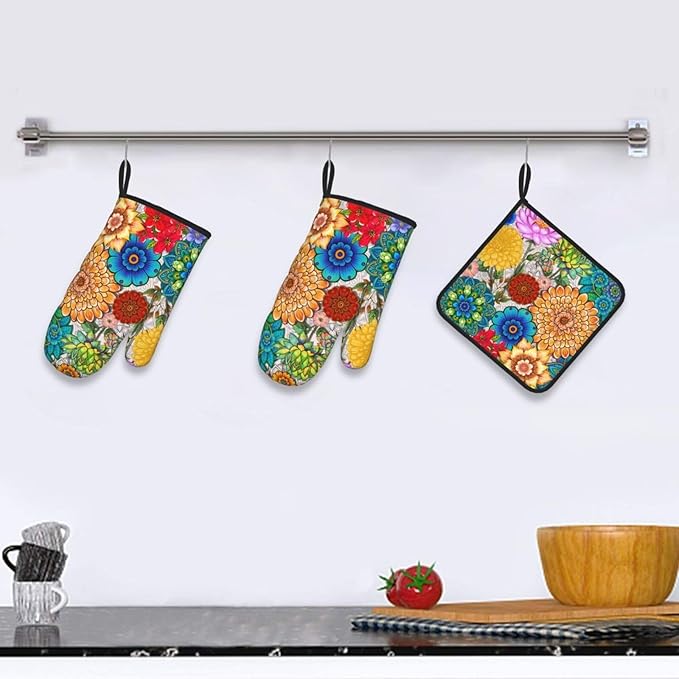 Boho Floral Pot Holders and Oven Mitts Set of 3, Colorful Flowers Baking Gloves Hot Pads, Heat Resistant Kitchen Mitts for Oven, Baking Gifts & Housewarming Gifts for Women Chef Baker Hostress Mom