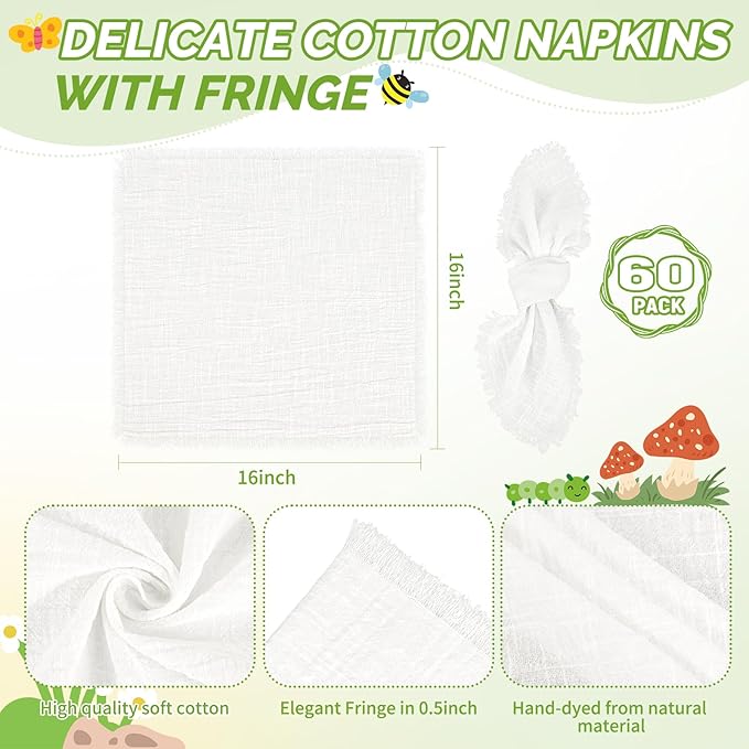 Showgeous 60 Pack White Cloth Napkins with Fringe 16x16 inch 100% Cotton White Napkins Handmade Dinner Napkins Bulk Washable Soft Rustic Table Napkins for Wedding Parties Bridal Baby Shower