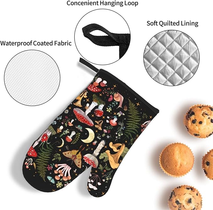 Mushroom Oven Mitts and Pot Holders Sets, Heat Resistant Black Hot Pads Witchy Oven Gloves for Cooking Grilling Baking Kitchen Decor Aesthetic, Witchy Gifts for Women,Mushroom Gifts for Women