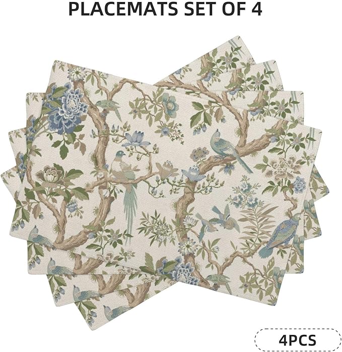 Blue Green Chinoiserie Placemats Set of 4 Spring Vintage Bird Flower Decor Place Mats 12x18 Inch Floral Seasonal Decorative Linen Table Mats for Home Kitchen Dining Party Table Decoration