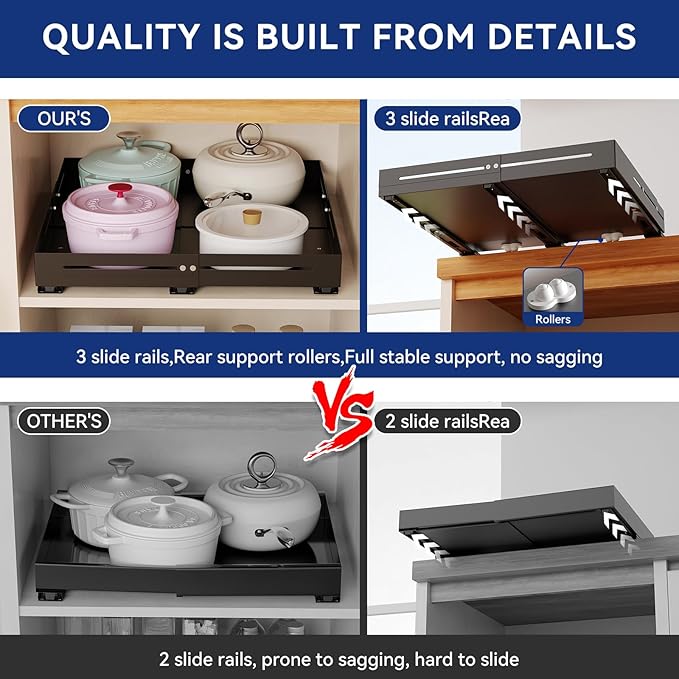 Pull out Cabinet Organizer, Full Metal Expandable Width (12.6"-20.8") & Depth (16"-24.4") Adjustable Slide out Drawers, No Drill Adhesive Roll out Shelves for Kitchen Pantry, Black