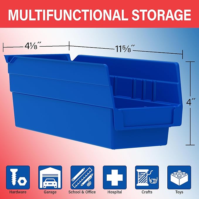 Akro-Mils 30120 Plastic Shelf Bins, Heavy Duty Storage Bins for Garage, Closet, and Drawer Organization, 12" x 4" x 4", Red, 24-Pack