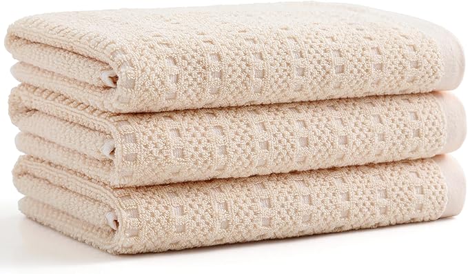 SALAS Kitchen Dish Towels, Bulk Cotton Kitchen Hand Towels, Black Plaid Dish Cloths Rags for Drying Dishes with Hanging Loop, 16‘’ x 26‘’, 3 Packs, Beige