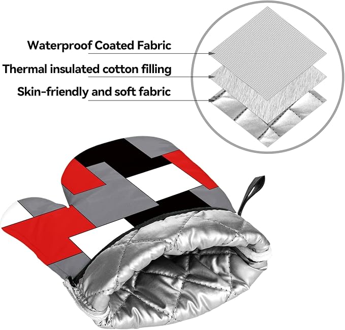 Red Black Grey White Oven Mitts and Pot Holders Sets of 4 Geometric Oven Gloves for Kitchen Baking Cooking Grilling (Red)