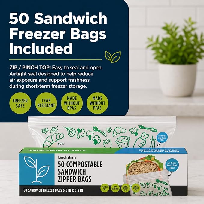 Lunchskins Ziptop BPI Certified Compostable & Resealable Freezer-Safe Food Storage Bags, Sandwich Size, 50 Bags - Eco-Friendly, Made Without PFAS and BPA
