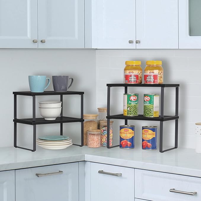 CADUKE Set of 4 Kitchen Counter Shelves Stackable Shelf Organizer Wood Countertop Shelves Expandable Cabinet Shelf Organizers Countertop Storage Rack for Pantry, Industrial Black