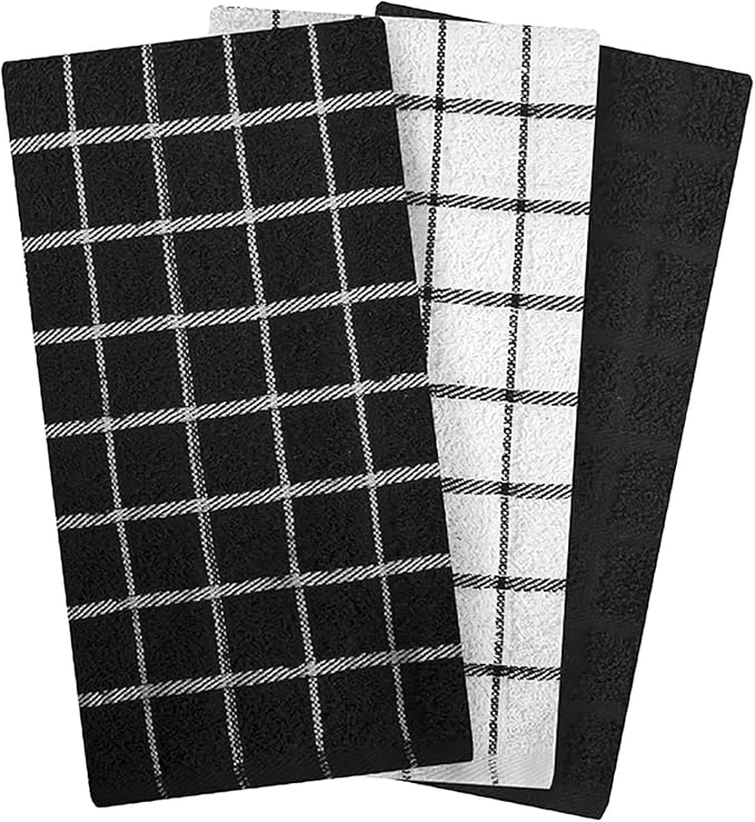 Ritz Premium 100% Cotton Terry Check Kitchen Dish Towels - Highly Absorbent, Super Soft, Long-Lasting, 25"x15", 3-Pack, Black
