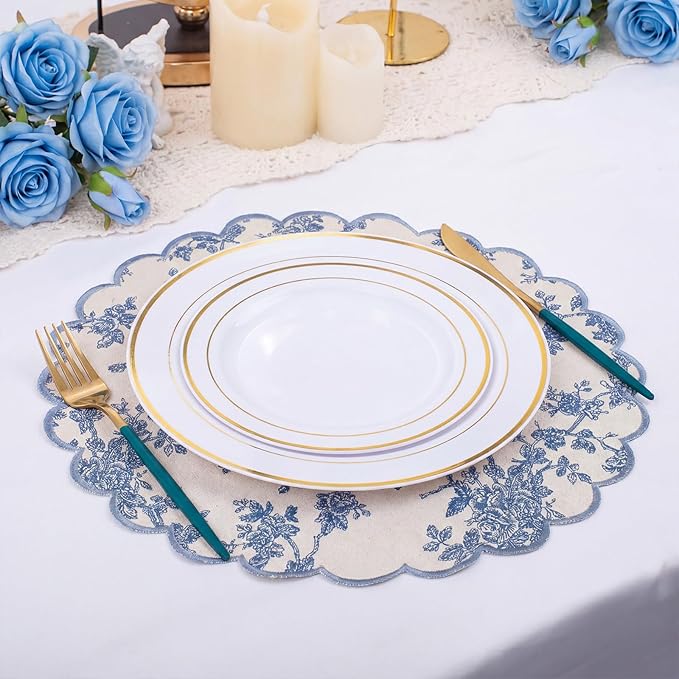 Set of 12 Blue and White Cotton Placemats 15 Inch Round Scalloped Embroidery Placemats Washable Double Layered Rustic Table Mat Fabric Napkins for Wedding Table Decor