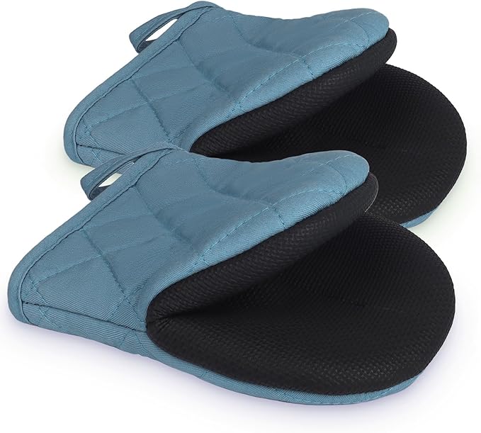 Short Oven Mitts, Heat Resistant 500°F, Silicone Grip Kitchen Gloves, Non-Slip for Baking, Grilling, BBQ, Machine Washable with Hanging Loop, 2-Pack Set, Light Cyan
