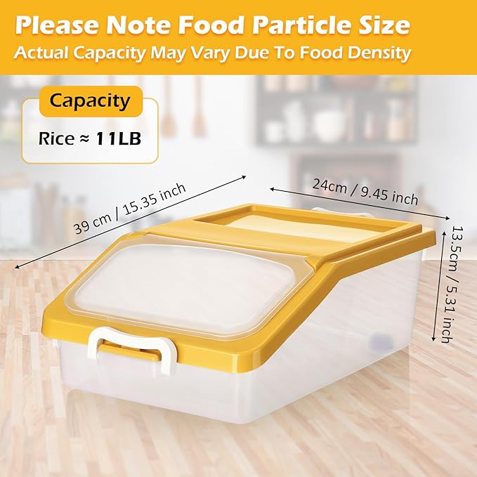 Blushtier 3 Pcs Rice Storage Container 11 lb Airtight Flour Container with Wheels Measuring Cup Clear Pet Food Dog Cat Birds Food Bin Grain Cereal Organizer Box for Dry Baking Supplies(Yellow)