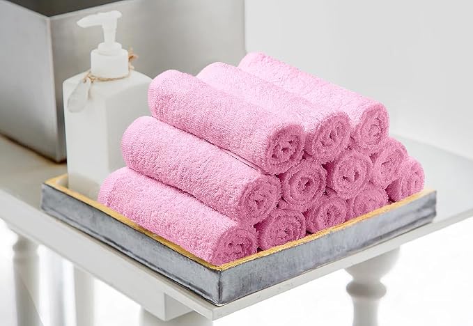 Avalon Towels Cotton Washcloths 24-Pack – 12 x 12 Inch Pink Super Soft & Absorbent Ring-Spun Cotton Wash Cloths for Face, Bath, Spa, Gym, Hotel & Cleaning