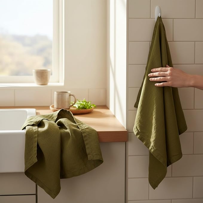Linen Kitchen Dish Towels – 20” x 27” – 100% Pure Stonewashed Linen Hemstitch Hand Towel/Tea Towel - Set of 2 (Olive Green)
