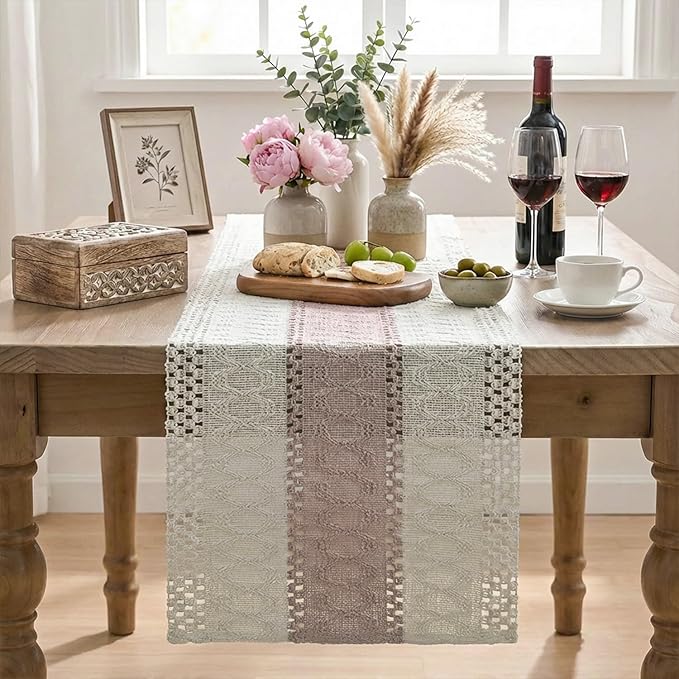 Artoid Mode Pink Farmhouse Rustic Table Runner, Seasonal Holiday Hollow Kitchen Dining Table Decoration for Home Party Decor 12x120 Inch