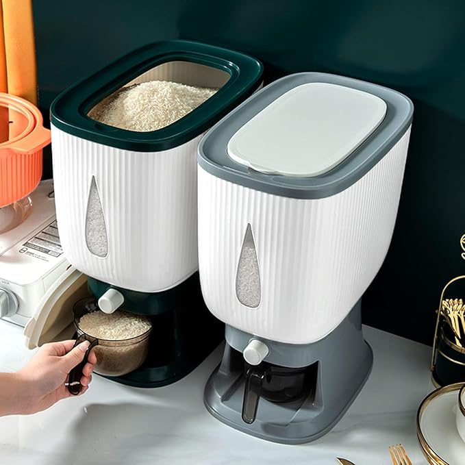 Heayzoki Rice Dispenser, 10kg Proof Rice Container with Measuring Cup for Kitchen Pantry, Ideal Rice Storage Container with Lid, Large Cereal Grain Storage Container (Gray)