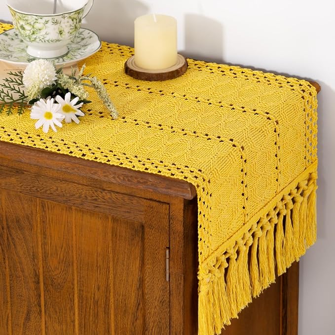 Socomi Boho Table Runner Easter Spring Farmhouse Rustic Dining Kitchen Centerpiece Decor Small Macrame Woven Cotton Linen Coffee Table Runner for Dresser Scarf Home Decor 12x36 in Yellow Gold