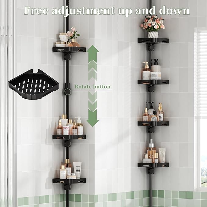 akinbas Tension Pole Shower Caddy Organizer with4 Tier L-Shaped Rust Resistant Bathroom Corner Shelves with 34-124 Inch Adjustable No Drilling Quick Install Shower Rack for Bath Essentials (Black)
