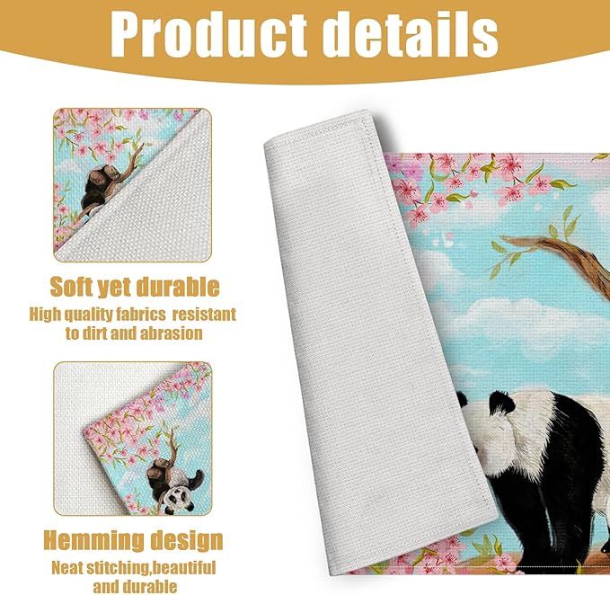 Cute Panda Placemats Set of 6, Sakura Tree Linen Place Mat Washable Stain Resistant Table Mats for Farmhouse Kitchen Dining Holiday Party Wedding Decor 12x18 Inch
