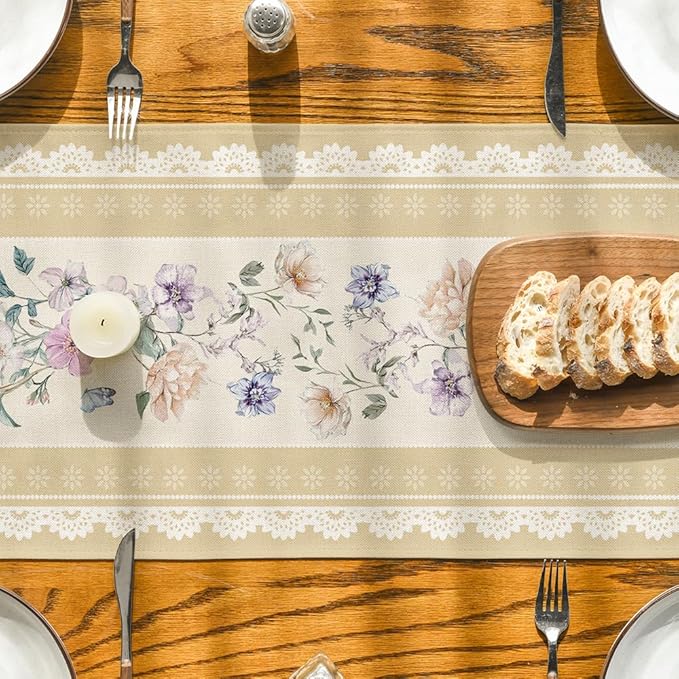 Artoid Mode Yellow Printed Lace Floral 210 GSM Spring Table Runner, Seasonal Summer Kitchen Dining Table Decoration for Home Party Decor 13x72 Inch