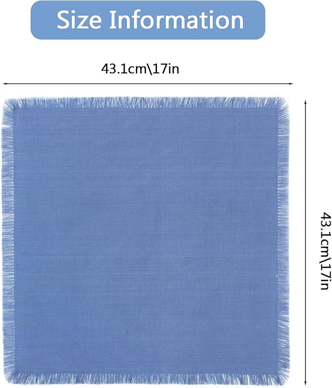 Cotton Blend Fringe Cloth Napkins - Crinkle Gauze Dinner Napkins, Reusable & Washable Table Napkins, 17" x 17" (43 x 43 cm), Multiple Colors, 12/24/48/100 Pack (12, Blue)