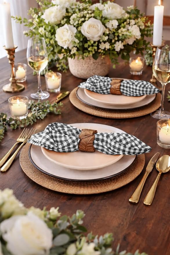 Mini Check Plaid Cloth Napkins, Set of 4, Soft, Durable, Wrinkle Free Fabric Napkins, Checked Napkins for Dinner, Wedding, Restaurant, Buffet, Party, Christmas - Grey White (16”x16”)