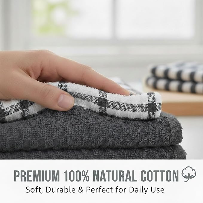 GOLD TEXTILES Kitchen Towels 6 Pack Premium 100% Cotton Dish Towels for Kitchen (15 x 25 Inches) Super Soft & Absorbent Kitchen Hand Towels for Drying Dishes, Cleaning - Reusable and Washable (Grey)