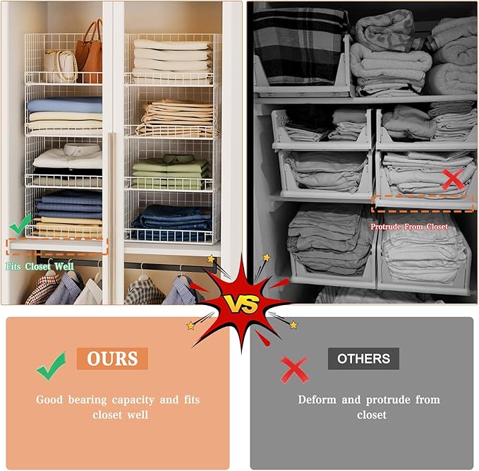 4-Tier Stackable Closet Organizers and Storage Basket, Foldable Closet Shelf Organizer System, Space-Saving Clothes Storage Drawer Organizer for Wardrobe, White (Patent Pending)