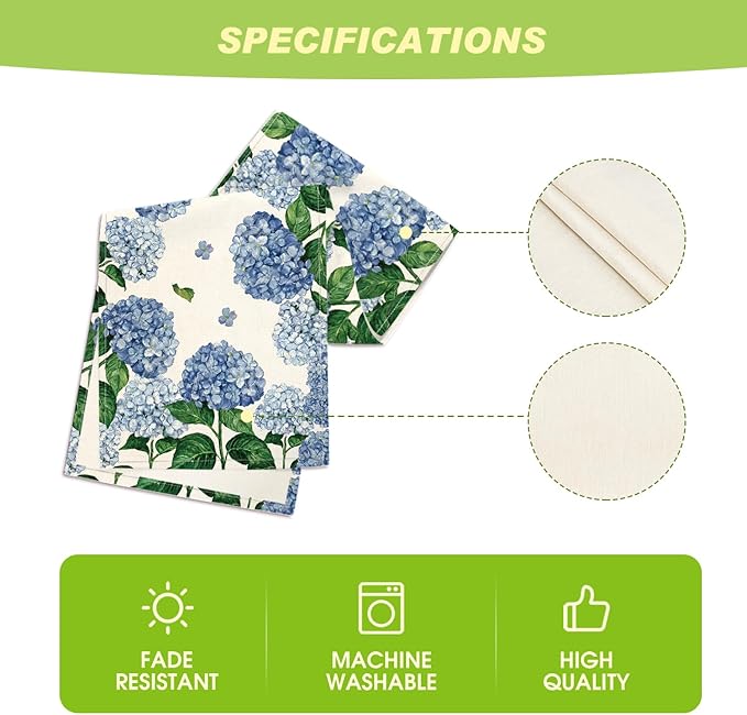 Artoid Mode Watercolor Hydrangea Table Runner, Spring Summer Seasonal Kitchen Dining Table Decoration for Indoor Outdoor Home Party Decor 13 x 36 Inch