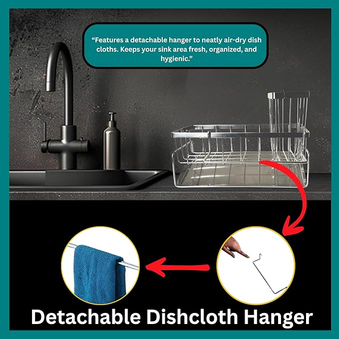 Sponge Holder for Kitchen Sink, Self-Draining Sink Caddy for Brush Dishcloth & Soap, Stainless Steel Kitchen Organizer for Countertop, Home Essential House Cleaning Supplies