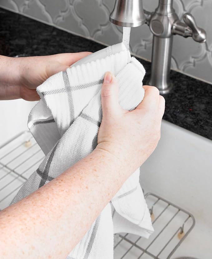 T-Fal Solid & Checked Parquet Kitchen Towels: Highly Absorbent, Super Soft Long Lasting - 100% Cotton, 16"x26" Dish Towels for Cleaning & Drying Dishes, Pans, Glassware, Countertops, 6-Pack, Gray