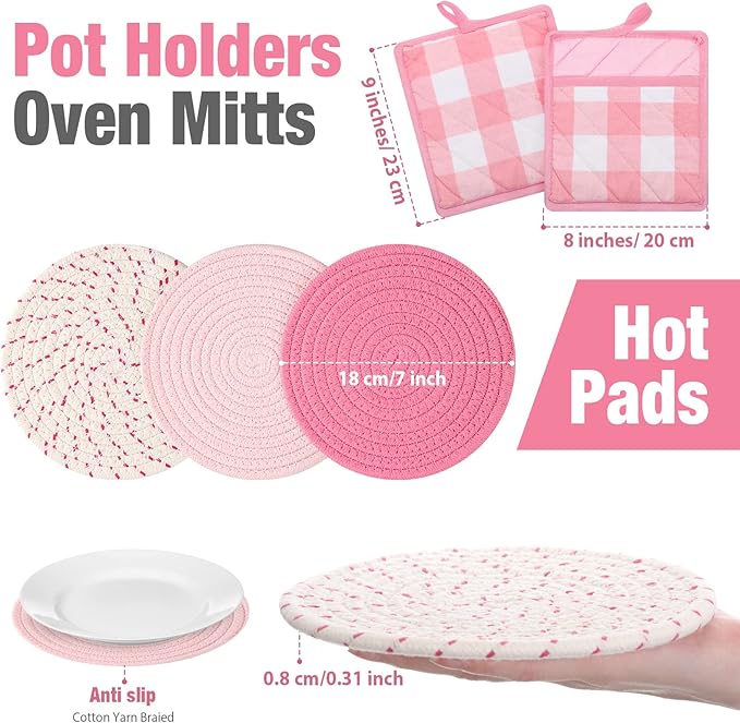 Pink Oven Mitts and Pot Holders 7 Sets, Heat Resistant Kitchen Gloves Pads Potholders for Women Gifts Pot Holders Kitchen Accessories Gift(Pink White,Cotton,Plaid)