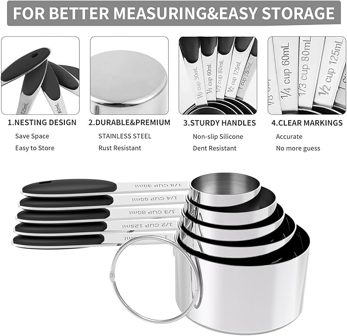 TILUCK Measuring Cups and Spoons Set, Stainless Steel, Kitchen Utensils for Cooking and Baking (10)