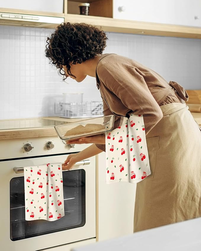 Miss Adola Flour Sack Kitchen Towels Set of 2-18x26 Cotton Dish Towels with Hanging Loop Reusable Tea Towel for Cleaning Spring Absorbent Dishcloths Cute Home Decor Housewarming, Bow Cherry